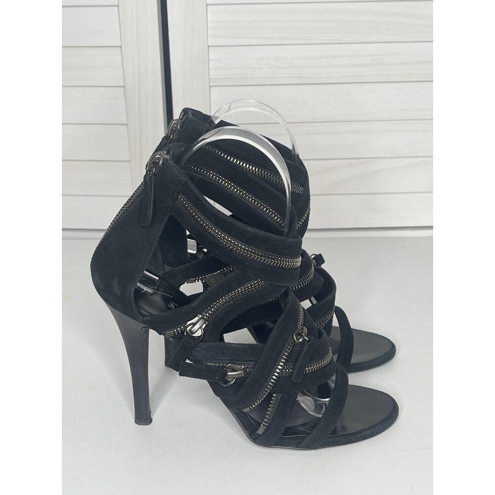 Giuseppe Zanotti For Pierre Balmain Black Suede Zip-Embellished Sandals Sz 36.5